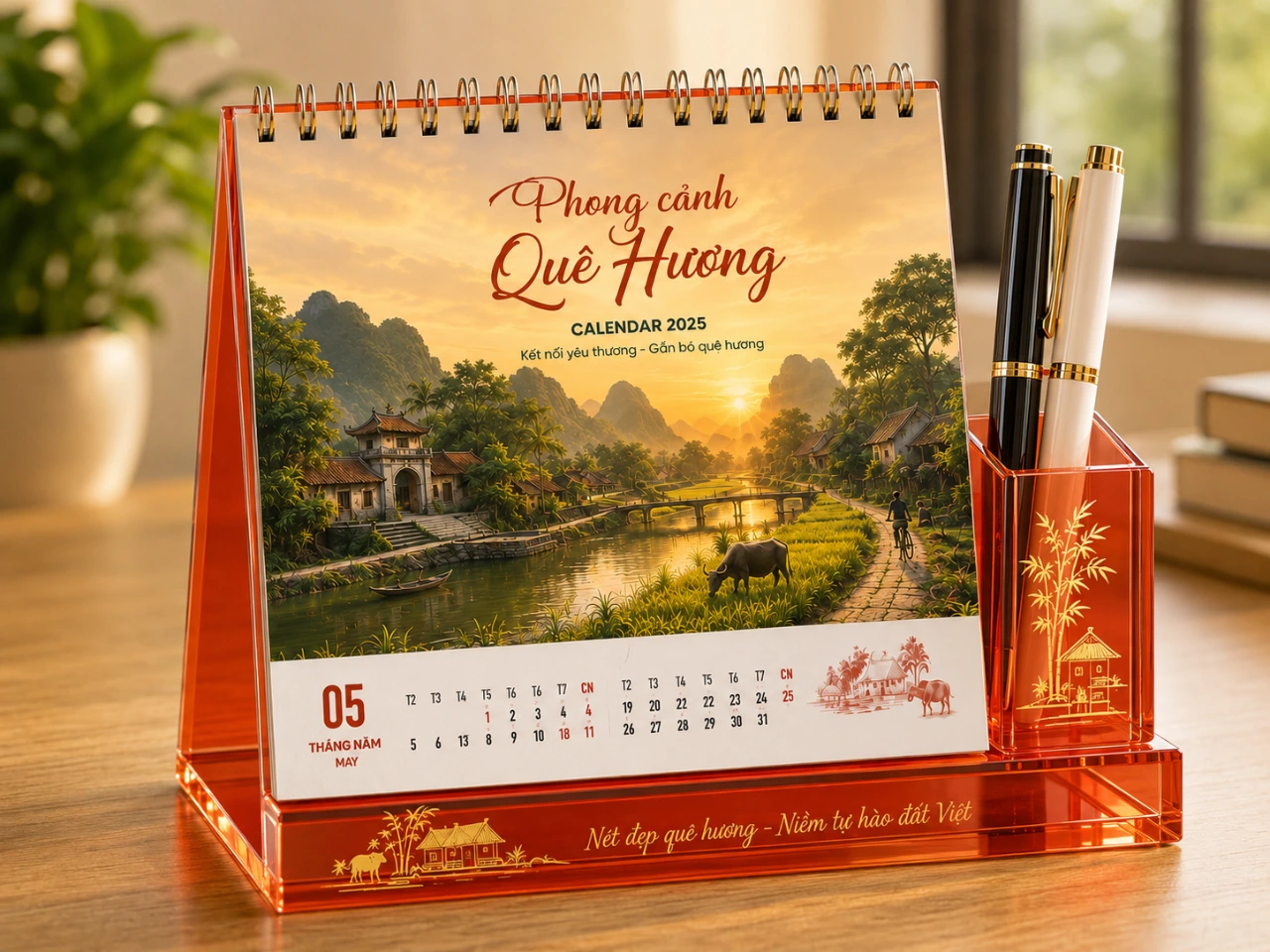 Mẫu lịch để bàn mica đỏ cam nổi bật làm quà Tết doanh nghiệp