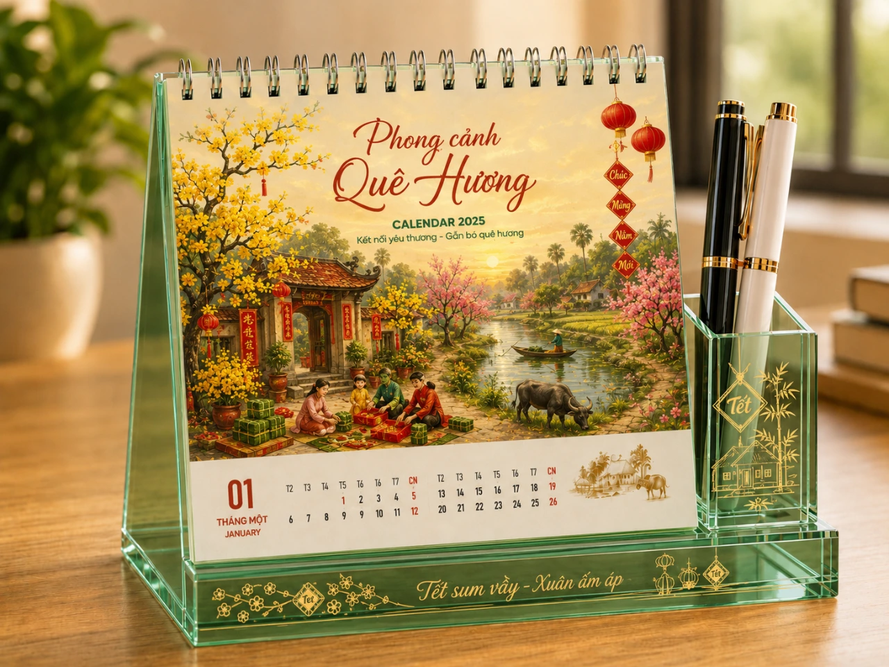 Mẫu lịch để bàn mica xanh lá thân thiện làm quà Tết doanh nghiệp